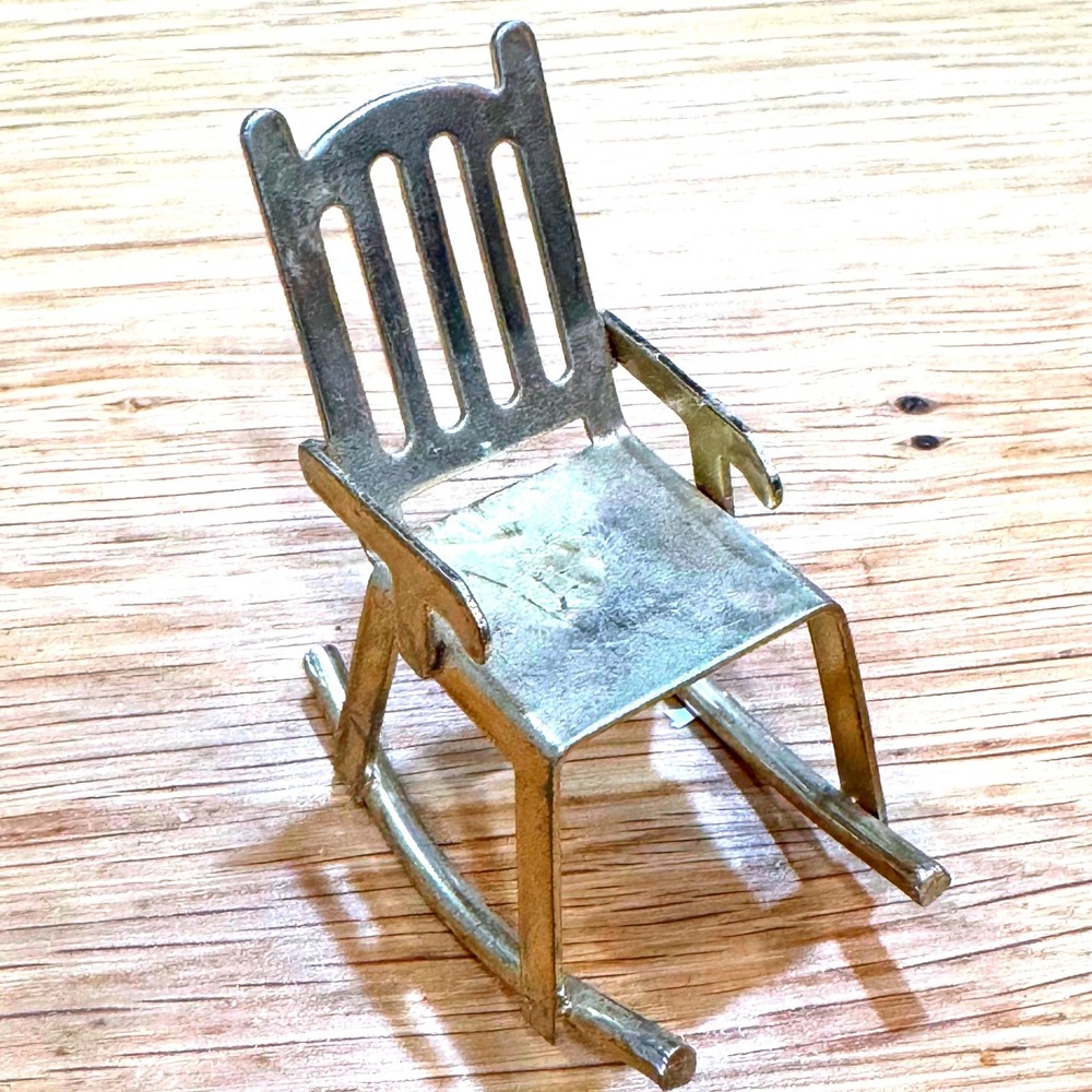 Vintage Gold Tone Metal Miniature Rocking Chair Figurine Dollhouse Decor Trinket